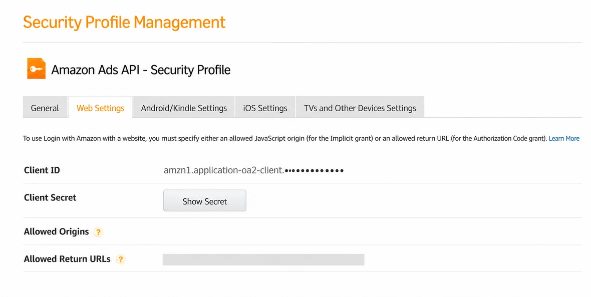 Amazon Developer Security Profile 的 Web Settings 页面，应用名称和 Client ID 已脱敏
