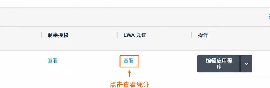 应用列表中 LWA 凭证下的查看入口